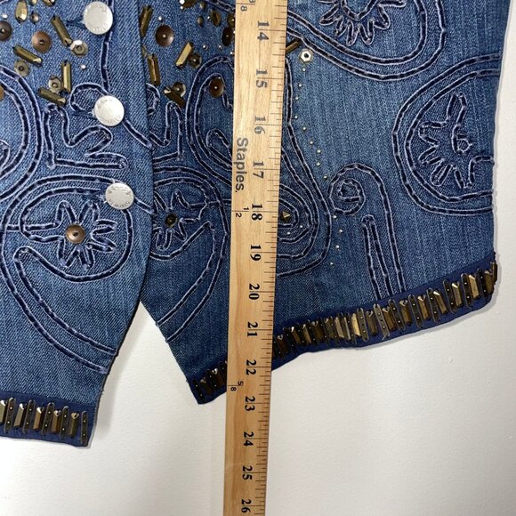 Armand Ventilo Embellished Denim Vest Studs Rivet Beads Applique Western Boho - Picture 13 of 16